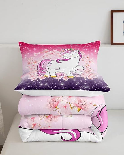 Unicorn Comforter Set King Glitter Bedding Set Cherry Blossoms Duvet Insert Kids Cartoon Kawaii Animal Down Comforter Ombre Galaxy Stars Fantasy Girls Room Decor Quilt Set Aesthetic Pink Purple - LeafyLoom