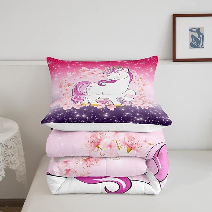 Unicorn Comforter Set King Glitter Bedding Set Cherry Blossoms Duvet Insert Kids Cartoon Kawaii Animal Down Comforter Ombre Galaxy Stars Fantasy Girls Room Decor Quilt Set Aesthetic Pink Purple - LeafyLoom
