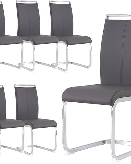 Dining Chairs Set, Kitchen Modern Metal Chairs with Faux Leather Padded Seat High Back and Sturdy Chrome Legs, Chairs for Dining Room (Grey, Set of 6) - LeafyLoom