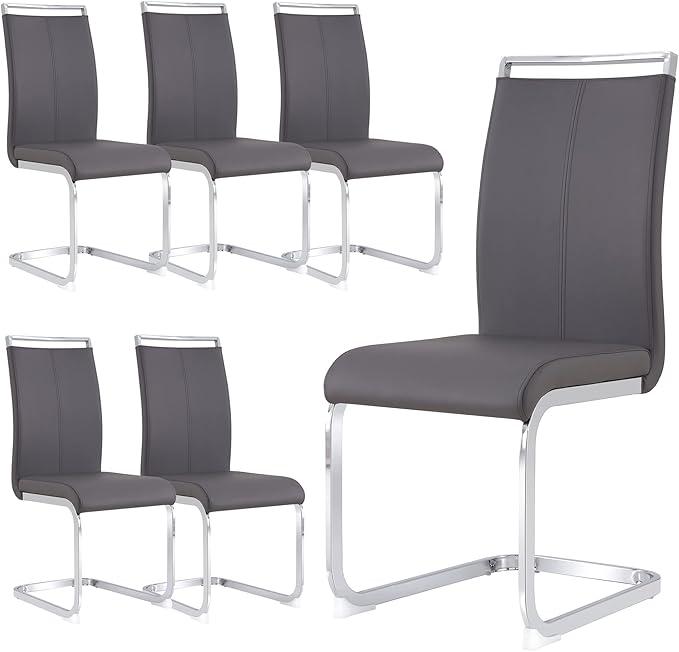 Dining Chairs Set, Kitchen Modern Metal Chairs with Faux Leather Padded Seat High Back and Sturdy Chrome Legs, Chairs for Dining Room (Grey, Set of 6) - LeafyLoom