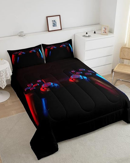Gamer Comforter Set for Boys Girls Man Gaming Bedding Set,Black Gamepad Home Decor Player Video Game Duvet Insert Teens Kids 3 Pieces 1 Down Comforter with 2 Pieces Pillowcases(Full Size,All Season) - LeafyLoom