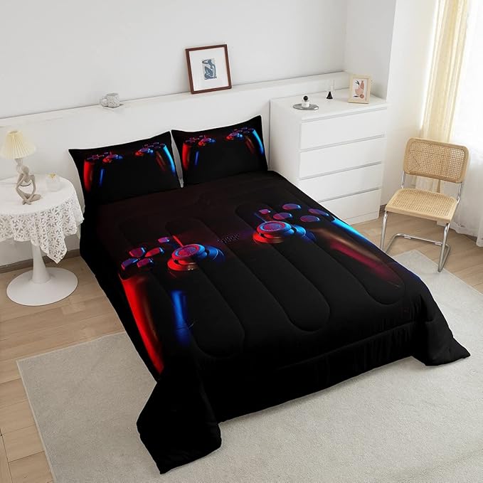 Gamer Comforter Set for Boys Girls Man Gaming Bedding Set,Black Gamepad Home Decor Player Video Game Duvet Insert Teens Kids 3 Pieces 1 Down Comforter with 2 Pieces Pillowcases(Full Size,All Season) - LeafyLoom