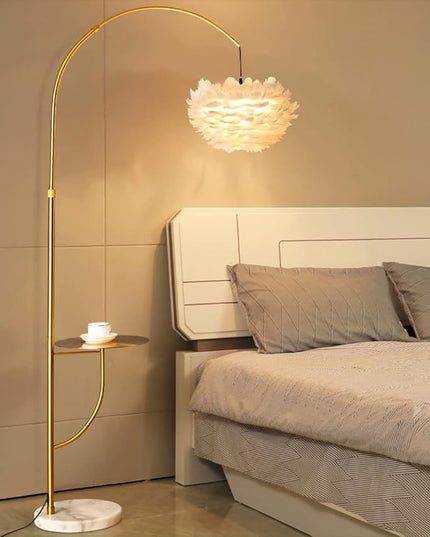 White Feather Floor Lamp with Table,Great Floor Light Height Adjustable (Gold) - LeafyLoom