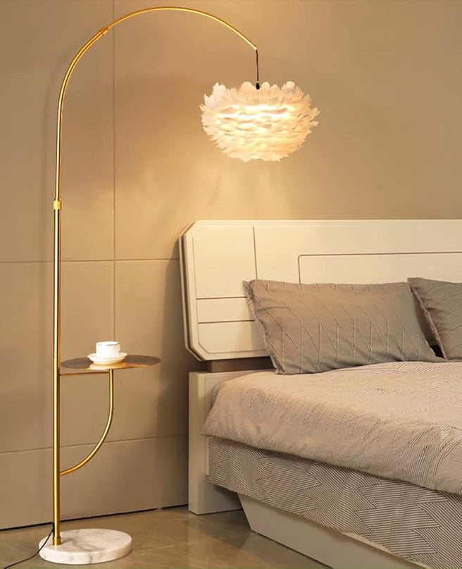 White Feather Floor Lamp with Table,Great Floor Light Height Adjustable (Gold) - LeafyLoom