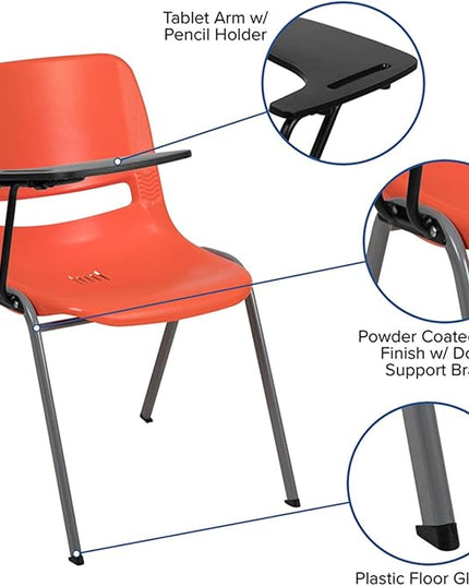 Flash Furniture HERCULES Orange Ergonomic Shell Chair with Right Handed Flip-Up Tablet Arm - LeafyLoom