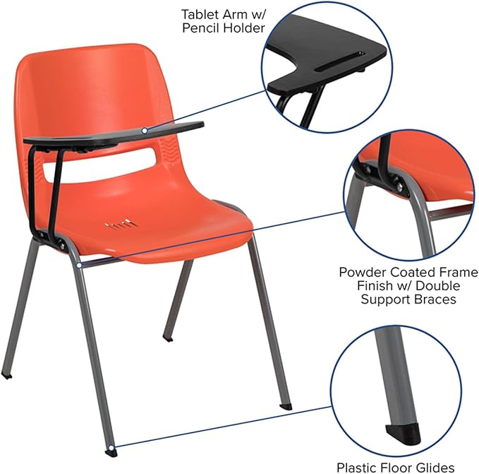 Flash Furniture HERCULES Orange Ergonomic Shell Chair with Right Handed Flip-Up Tablet Arm - LeafyLoom