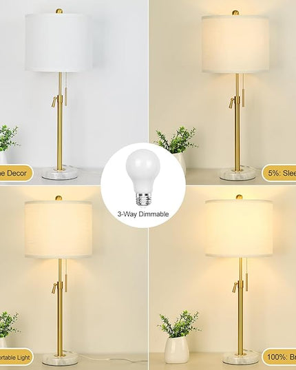 Lamp Modern Set of 2: 22" to 30" Height Adjustable Pull Chain Switch for Living Room Bedroom End Table, Marble Base White Linen Shade Golden Pole Nightstand Lamp Brass for Office, Bedside Table - LeafyLoom