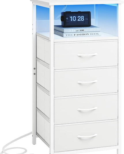Fixwal Dresser for Bedroom, LED Tall Nightstand with Charging Station Night Stand with USB Ports and Outlets, 4 Fabric Storage Drawers with PU Finish, Bed Side Table, White - LeafyLoom