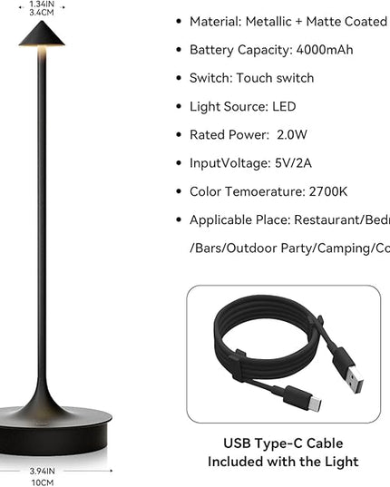 Cordless Table Lamp Rechargeable, Battery Operated Desk Lamp, 4000mAh LED Touch Lamp, Dimmable Portable Outdoor Waterproof Wireless Table Light for Restaurants/Bars/Outdoor(1PC, Black) - LeafyLoom