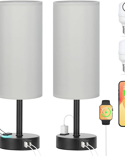 Grey Touch Table Lamps Set of 2-3 Way Dimmable Bedroom Lamps for Bedside with USB C and A Ports, Small Nightstand Lamps with AC Outlet, Desk Lamps with Black Base for Office Boys - LeafyLoom