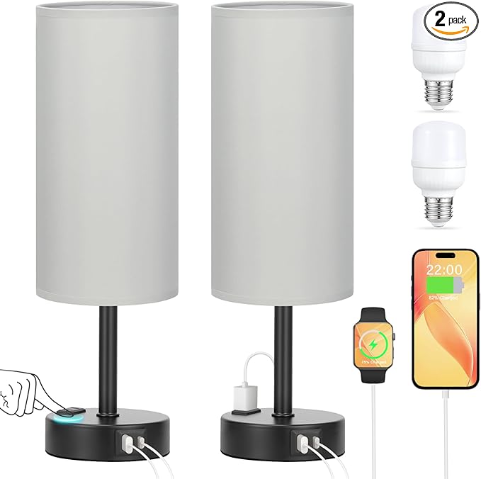 Grey Touch Table Lamps Set of 2-3 Way Dimmable Bedroom Lamps for Bedside with USB C and A Ports, Small Nightstand Lamps with AC Outlet, Desk Lamps with Black Base for Office Boys - LeafyLoom