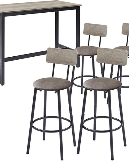 Dining Table Set for 4 Bar Table and Chairs Set, Industrial Counter Height Bar Table Set with 4 PU Upholstered Seat Stools with Backrest & Footrest, for Home & Kitchen Breakfast, Grey - LeafyLoom