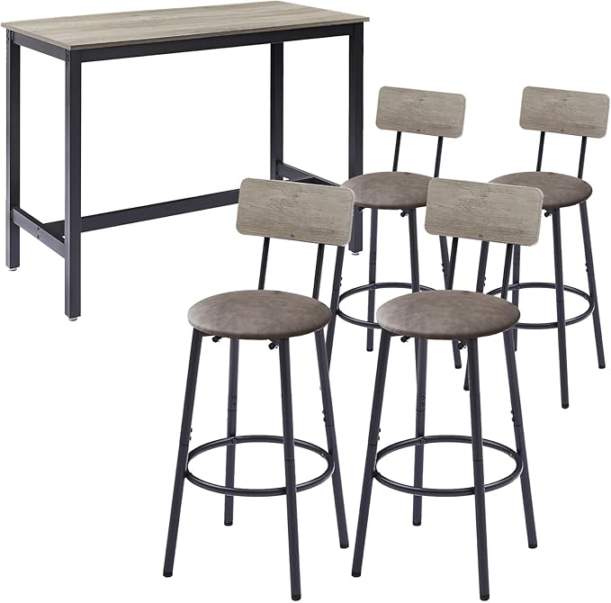 Dining Table Set for 4 Bar Table and Chairs Set, Industrial Counter Height Bar Table Set with 4 PU Upholstered Seat Stools with Backrest & Footrest, for Home & Kitchen Breakfast, Grey - LeafyLoom