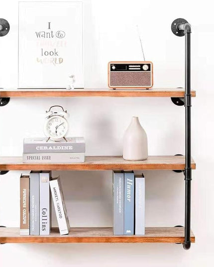 Industrial Wall Mounted Pipe Shelving,Rustic Metal Floating Shelves,Steampunk Real Wood Bookcases,DIY Bookshelf Hanging Shelves,Farmhouse Kitchen Bar Office Home Storage (4-Tier with 3 Boards,36in) - LeafyLoom