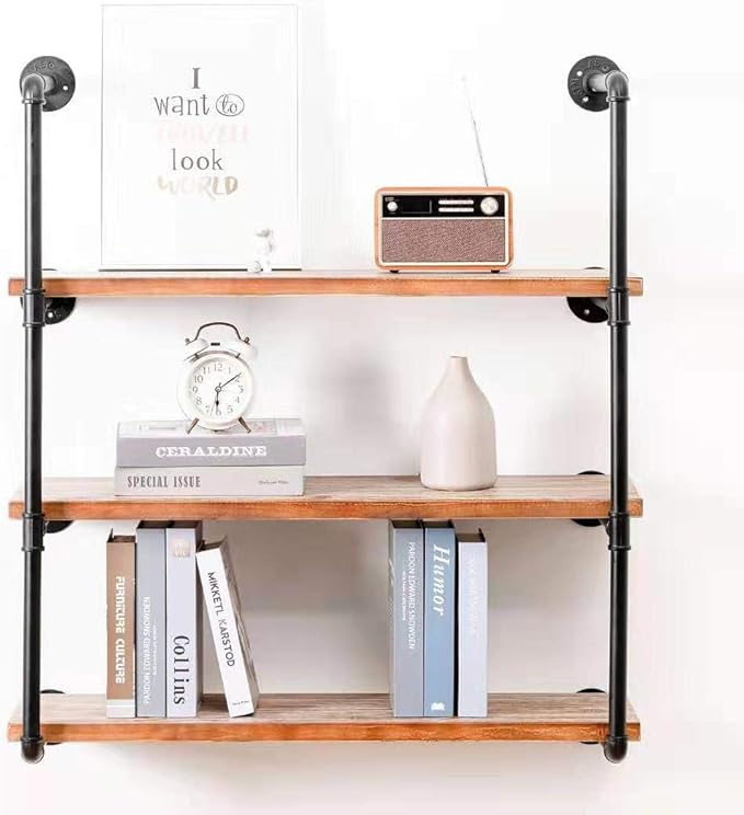 Industrial Wall Mounted Pipe Shelving,Rustic Metal Floating Shelves,Steampunk Real Wood Bookcases,DIY Bookshelf Hanging Shelves,Farmhouse Kitchen Bar Office Home Storage (4-Tier with 3 Boards,36in) - LeafyLoom
