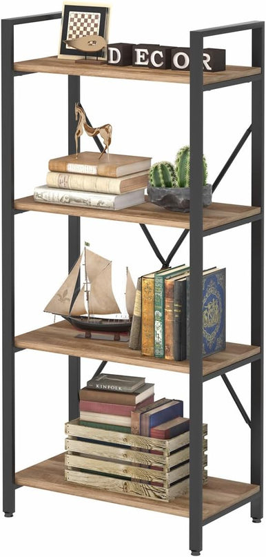 BON AUGURE Industrial 4 Tier Bookshelf, Modern Open Shelving Unit Book Shelves, Heavy Duty Etagere Bookcase, Wood Metal 4 Shelf Book Case for Office, Living Room and Bedroom (Vintage Oak) - LeafyLoom