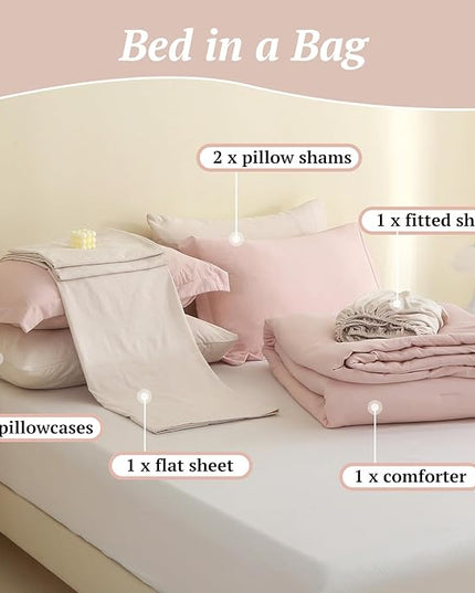 MILDLY Queen Comforter Set 7 Piece Color Clash, Pink Bed in a Bag, All Season Bedding Sets with 1 Comforter, 2 Pillow Shams, 2 Pillowcases, 1 Flat Sheet, 1 Fitted Sheet - LeafyLoom