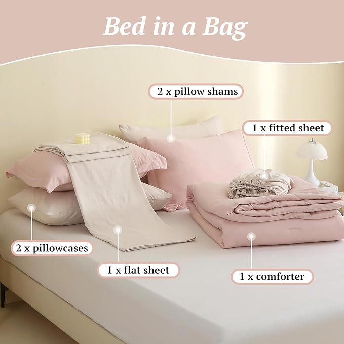 MILDLY Queen Comforter Set 7 Piece Color Clash, Pink Bed in a Bag, All Season Bedding Sets with 1 Comforter, 2 Pillow Shams, 2 Pillowcases, 1 Flat Sheet, 1 Fitted Sheet - LeafyLoom