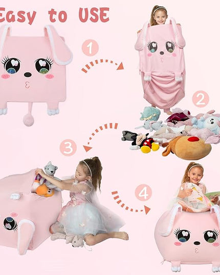 Big Ear Rabbit Toy Organizers and Storage, Cute Bean Bag Chair Pink for Girls Room Decorations, Large Size 22x24 Inch Velvet Extra Soft, Cover ONLY - LeafyLoom