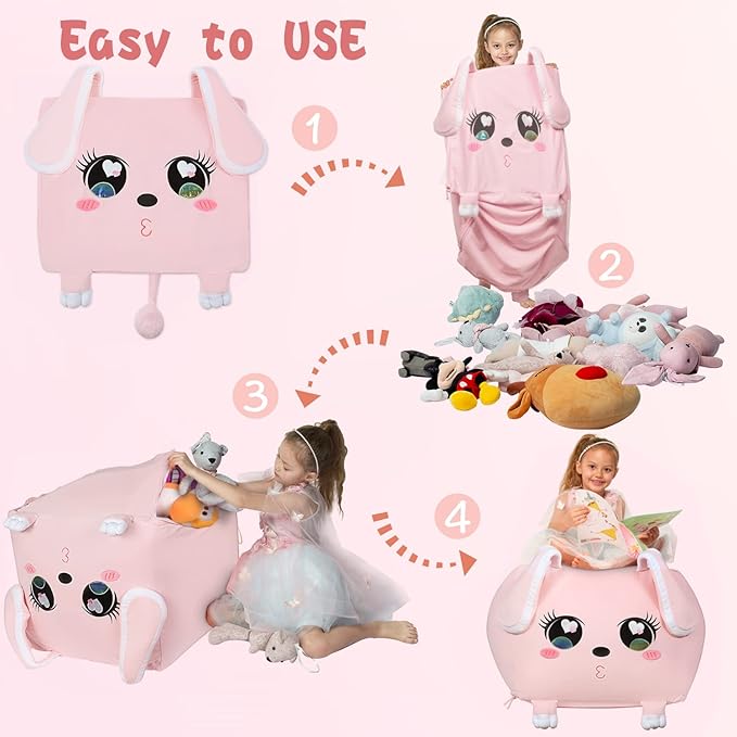 Big Ear Rabbit Toy Organizers and Storage, Cute Bean Bag Chair Pink for Girls Room Decorations, Large Size 22x24 Inch Velvet Extra Soft, Cover ONLY - LeafyLoom