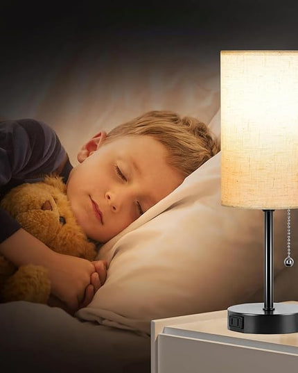 Small Table Lamp for Bedroom Set of 2 - Bedside Table lamps for Nightstand, 3 Color Temperatures Side Table Lamp with AC Outlet 2PK Black(2 Blubs Included). - LeafyLoom