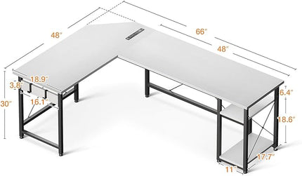 Coleshome L Shaped Computer Desk 66" with Power Outlet & Storage Shelves, Corner Sturdy Writing Desk Workstation, Modern Wooden Office Gaming Desk, Wood & Metal, White - LeafyLoom