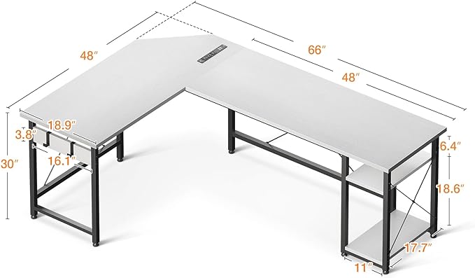 Coleshome L Shaped Computer Desk 66" with Power Outlet & Storage Shelves, Corner Sturdy Writing Desk Workstation, Modern Wooden Office Gaming Desk, Wood & Metal, White - LeafyLoom