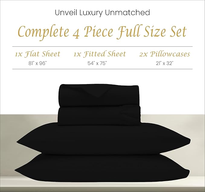 Bluemoon Homes Full Bed Sheet Set Egyptian Cotton 4-Piece 1000 Thread Count Hotel Luxury 1 Flat, 1 Fitted Sheet 2 Standard Size Pillow Cases Bed Sheet Set Deep Pocket Solid Pattern (Black) - LeafyLoom