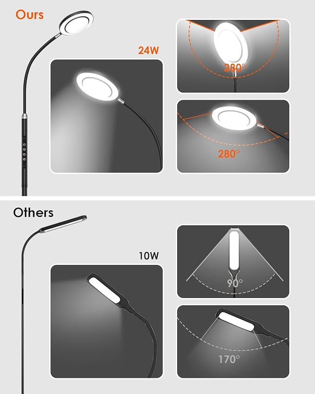 LED Floor Lamp for Bedroom, 24W 2400LM 74 Inch Standing Lamp with 3 Color Temperatures, Modern floor Reading Lamp with Remote & Touch Control, Adjustable gooseneck floor lamp for Office Reading - LeafyLoom