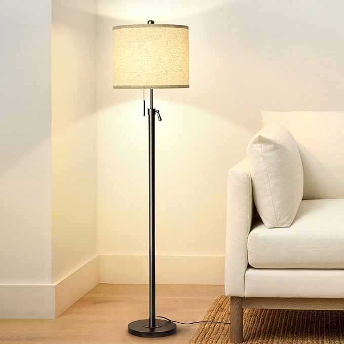 Adjustable Height Floor Lamp for Living Room, Black Standing Lamp, Floor Lamp for Bedroom Office, Modern Tall Floor Lamp with Linen Shade, 3-Way Dimmable 8W 3000K LED Blub Included (Black) - LeafyLoom