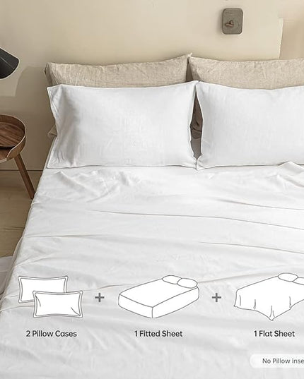 Simple&Opulence 100% Linen Sheet Set Solid Color-4 Pcs Washed French Linen Bed Sheets(1 Flat Sheet,1 Fitted Sheet,2 Pillowcases)-Breathable Bedding Set (White, Queen) - LeafyLoom