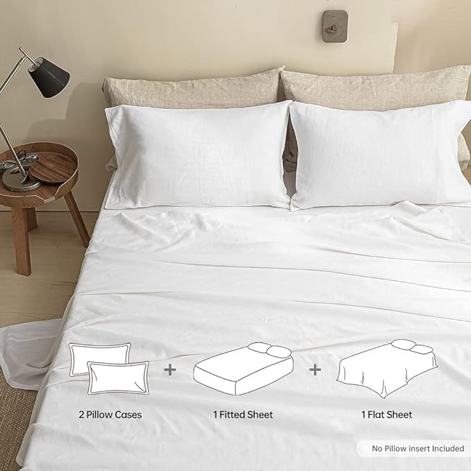 Simple&Opulence 100% Linen Sheet Set Solid Color-4 Pcs Washed French Linen Bed Sheets(1 Flat Sheet,1 Fitted Sheet,2 Pillowcases)-Breathable Bedding Set (White, Queen) - LeafyLoom
