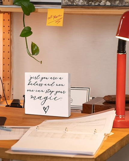 Home Office Desk Wooden Box Sign Decor, Girl Non One Can Stop Your Magic, Inspirational Quotes Desk Decor Motivational Desk Decorations for Women Girls Teens Student Office Classroom School - LeafyLoom