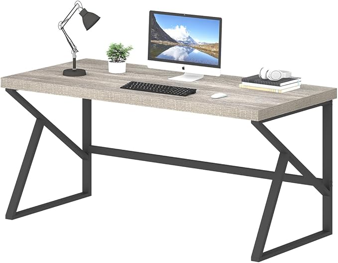 HSH Large Computer Desk, Industrial Metal Wood Gray Home Office Desk, Modern Long Work Study Writing Gaming Table, Student Simple PC Laptop Desk for Bedroom Living Room, Light Grey Oak, 60 Inch - LeafyLoom