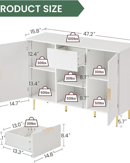 Storage Cabinet, Modern Accent Buffet Cabinet, FreeStanding Sideboard and Buffet Storage, Adjustable Shelves with 2 Doors Drawer for Bedroom, Living Room, Kitchen or Hallway,White - LeafyLoom