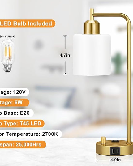 Innqoo Gold Lamp for Bedroom - Industrial Bedside Table Lamp with USB Port and Outlet, Fully Dimmable Nightstand Lamp with Opal Glass Shade, Small Desk Lamps for Home Office - LeafyLoom