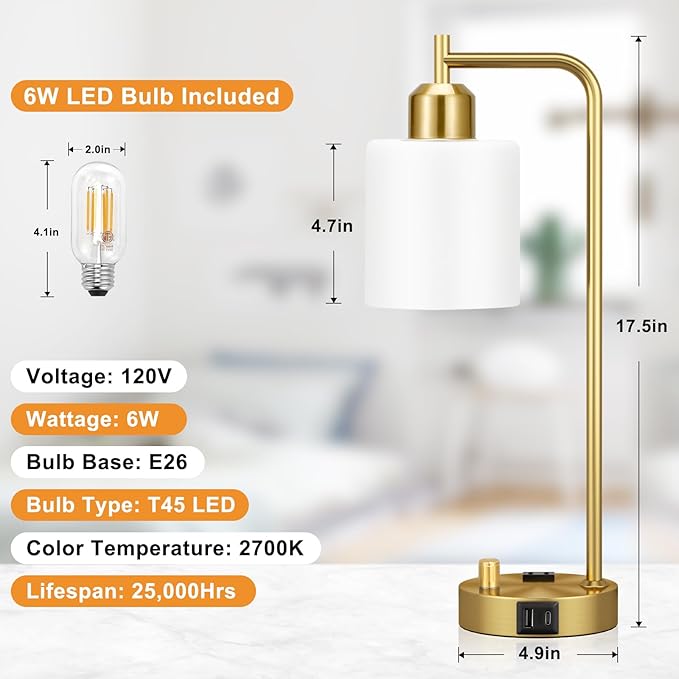 Innqoo Gold Lamp for Bedroom - Industrial Bedside Table Lamp with USB Port and Outlet, Fully Dimmable Nightstand Lamp with Opal Glass Shade, Small Desk Lamps for Home Office - LeafyLoom