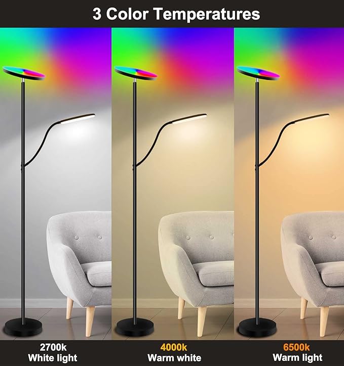 RGB Floor lamp,LED floor lamps for living room, super bright tall standing lamp with Remote &Touch control, Adjustable angle reading floor lamp for Bedroom office - LeafyLoom