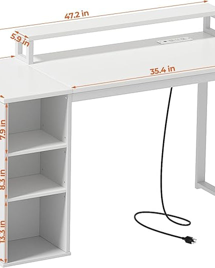 White Computer Desk with LED Lights and Power Outlets 47 inch Home Office Desk with Storage Shelves, Small Writing Desk with Monitor Stand for Bedroom, Workstation - LeafyLoom