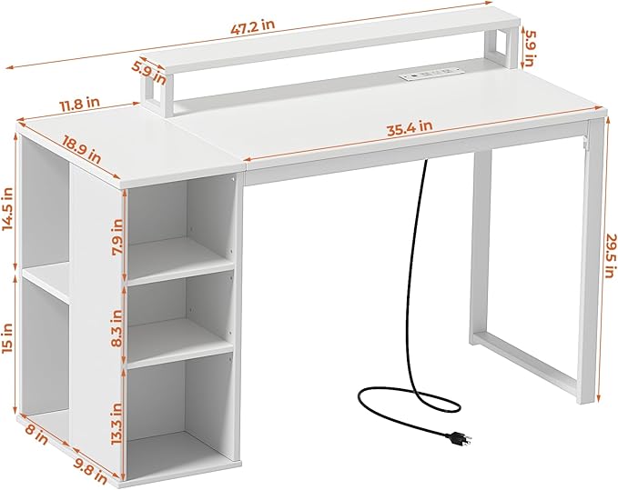 White Computer Desk with LED Lights and Power Outlets 47 inch Home Office Desk with Storage Shelves, Small Writing Desk with Monitor Stand for Bedroom, Workstation - LeafyLoom