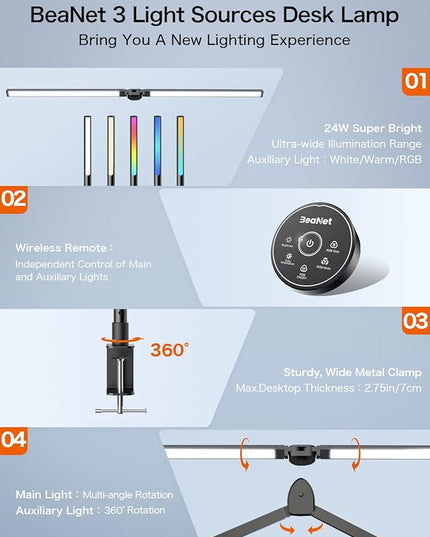 LED Desk Lamp with Clamp,Architect Desk Lamp for Home Office,24W Ultra Bright with RGB Atmosphere Lighting,Remote Control,5 Color Modes & 5 Dimmable Eye Protection for Monitor Studio Reading - LeafyLoom