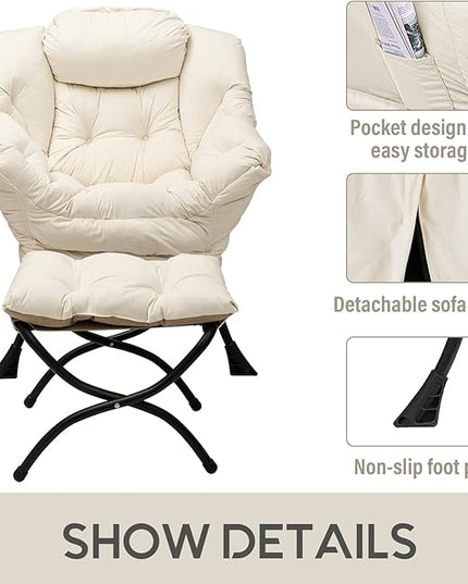 LITA Lazy Chair with Ottoman, Modern Accent Leisure Upholstered Sofa Chair, Contemporary Lounge Reading Chair with Armrests and a Side Pocket for Living Room, Bedroom & Small Space, Beige - LeafyLoom