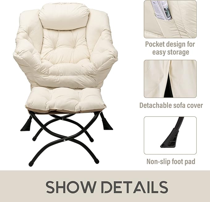 LITA Lazy Chair with Ottoman, Modern Accent Leisure Upholstered Sofa Chair, Contemporary Lounge Reading Chair with Armrests and a Side Pocket for Living Room, Bedroom & Small Space, Beige - LeafyLoom