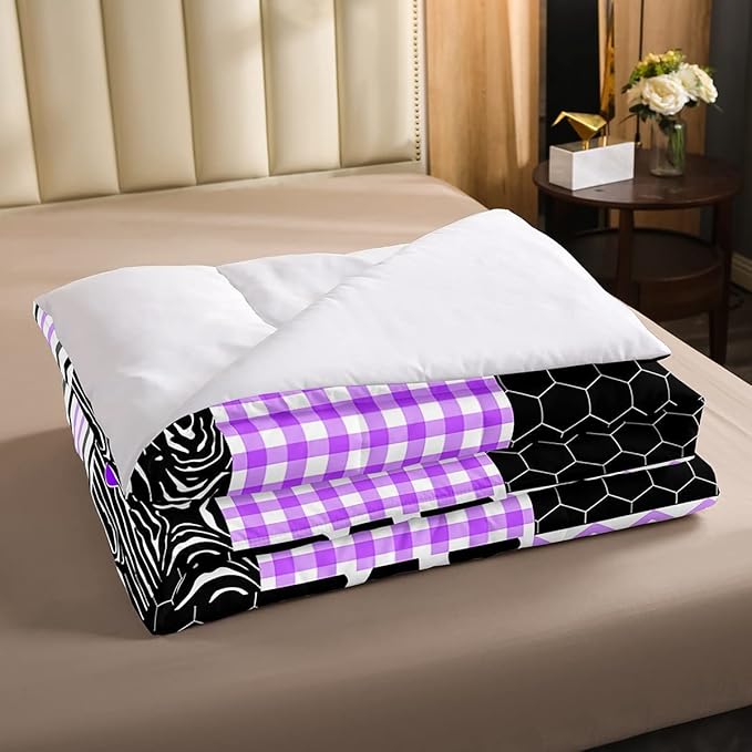 Erosebridal Cute Cow Print Comforter Set King Size Kawaii Highland Cow Bedding Set Bedroom Decor Honeycomb Plaid Pattern Geometric Stripes Down Comforter Farm Animals Duvet Set, Purple Black Grey - LeafyLoom