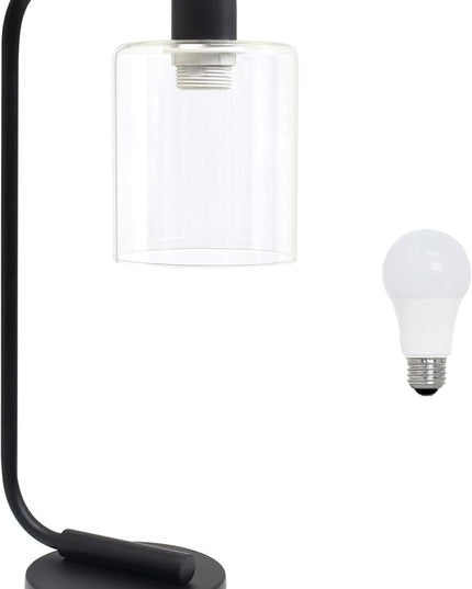 Simple Designs LD1036-BLK-LB 18.8" Industrial Bronson Antique Style Iron Lantern Desk Table Lamp with Glass Shade for Home Décor, Office, Living Room, Bedroom, Black, with Feit LED Bulb Included - LeafyLoom