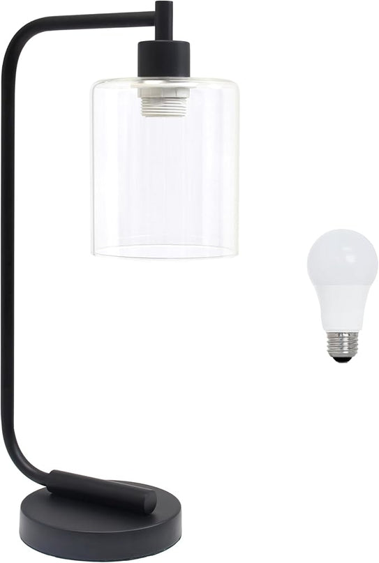 Simple Designs LD1036-BLK-LB 18.8" Industrial Bronson Antique Style Iron Lantern Desk Table Lamp with Glass Shade for Home Décor, Office, Living Room, Bedroom, Black, with Feit LED Bulb Included - LeafyLoom