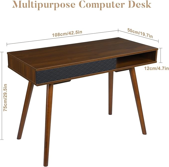 GAOMON Modern Home Office Writing Desk, 42 Inch Computer Table Desk with Drawers, Simple Mid Century Modern Desk, Walnut - LeafyLoom