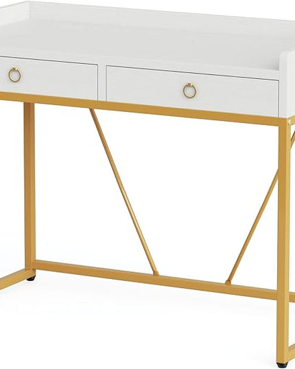 Tribesigns White Gold Computer Desk with 2 Drawers, Modern Desk 41.3 inch Simple Study Writing Desks with Storage, White Gold Makeup Vanity Desk for Home Office Bedroom Console Table - LeafyLoom