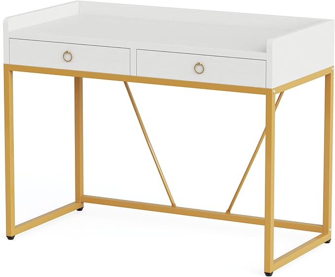 Tribesigns White Gold Computer Desk with 2 Drawers, Modern Desk 41.3 inch Simple Study Writing Desks with Storage, White Gold Makeup Vanity Desk for Home Office Bedroom Console Table - LeafyLoom