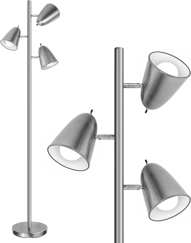 Qimh Tree Floor Lamp with 3 Light Bulbs, Standing Tall Pole Lamps for Living Room Bedroom Office, Reading Stand up Lamps with 3 Adjustable Arms,Brushed Nickel - LeafyLoom